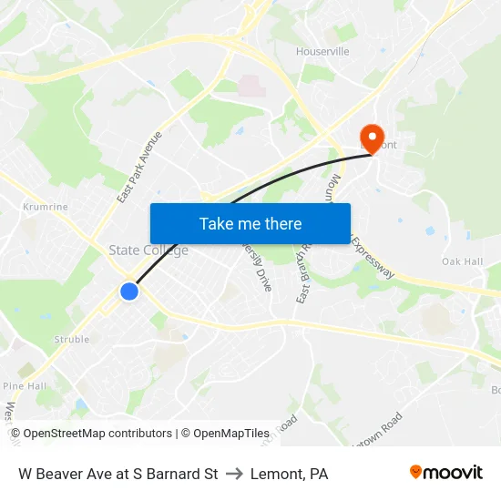 W Beaver Ave at S Barnard St to Lemont, PA map
