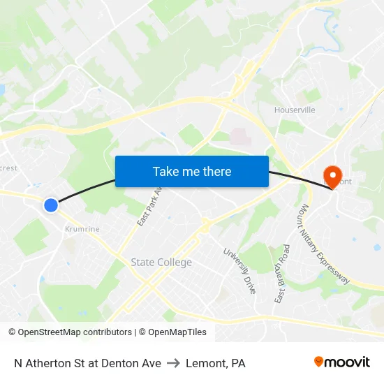 N Atherton St at Denton Ave to Lemont, PA map