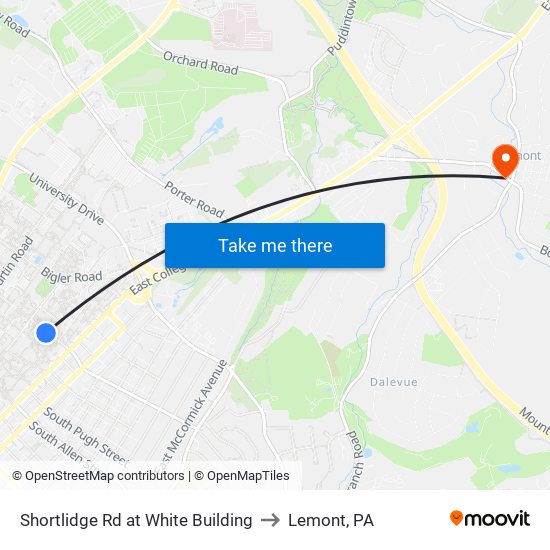 Shortlidge Rd at White Building to Lemont, PA map