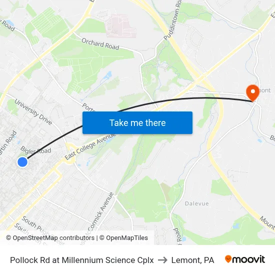 Pollock Rd at Millennium Science Cplx to Lemont, PA map