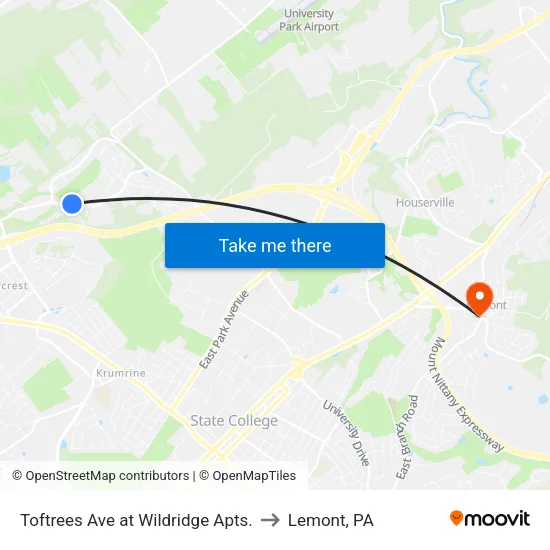 Toftrees Ave at Wildridge Apts. to Lemont, PA map