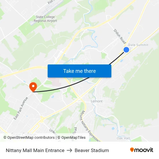Nittany Mall Main Entrance to Beaver Stadium map