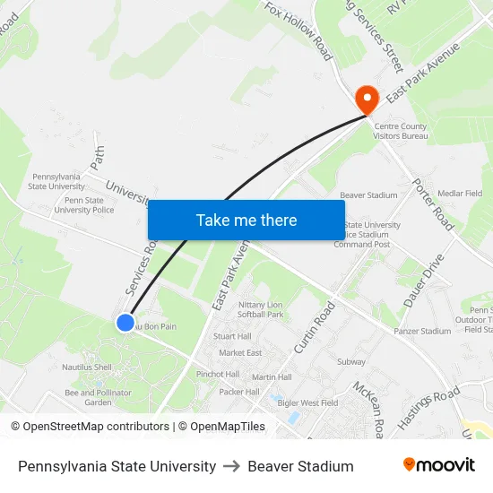 Pennsylvania State University to Beaver Stadium map