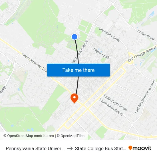 Pennsylvania State University to State College Bus Station map
