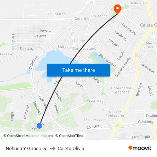 Nehuén Y Girasoles to Caleta Olivia map