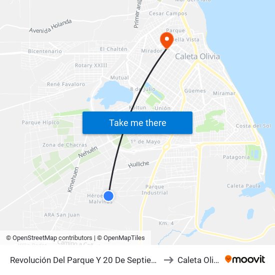 Revolución Del Parque Y 20 De Septiembre to Caleta Olivia map