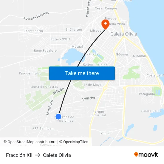 Fracción XII to Caleta Olivia map