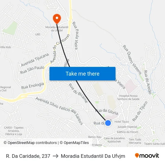 R. Da Caridade, 237 to Moradia Estudantil Da Ufvjm map