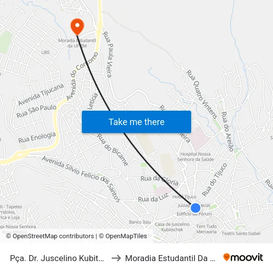 Pça. Dr. Juscelino Kubitschek to Moradia Estudantil Da Ufvjm map