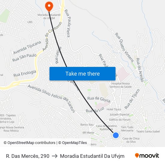 R. Das Mercês, 290 to Moradia Estudantil Da Ufvjm map