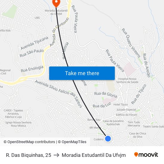 R. Das Biquinhas, 25 to Moradia Estudantil Da Ufvjm map