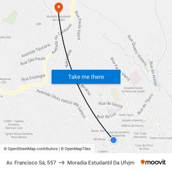 Av. Francisco Sá, 557 to Moradia Estudantil Da Ufvjm map