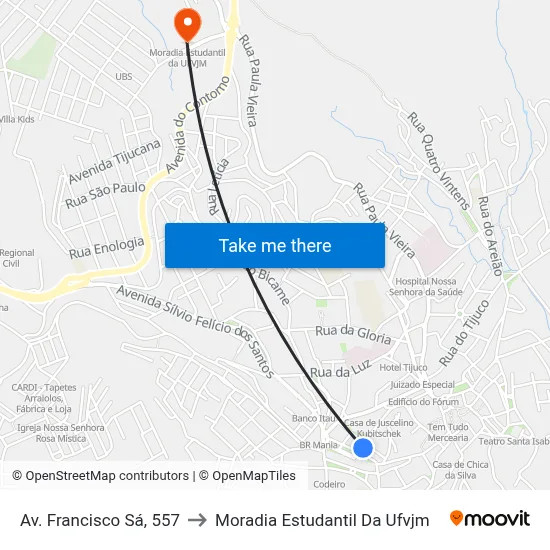 Av. Francisco Sá, 557 to Moradia Estudantil Da Ufvjm map