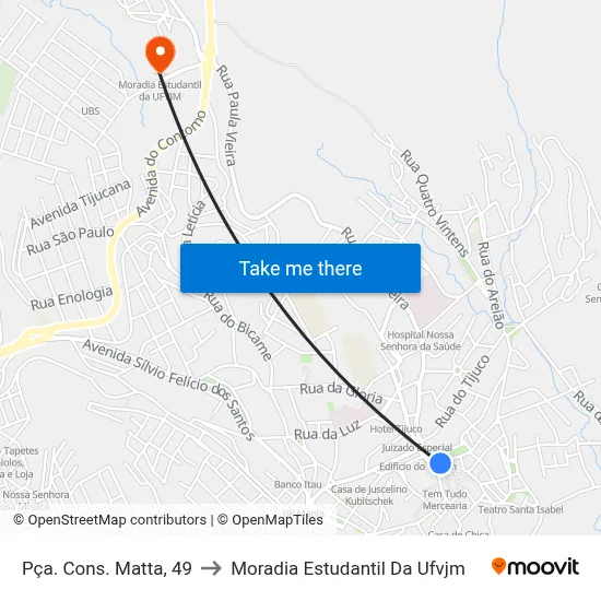 Pça. Cons. Matta, 49 to Moradia Estudantil Da Ufvjm map