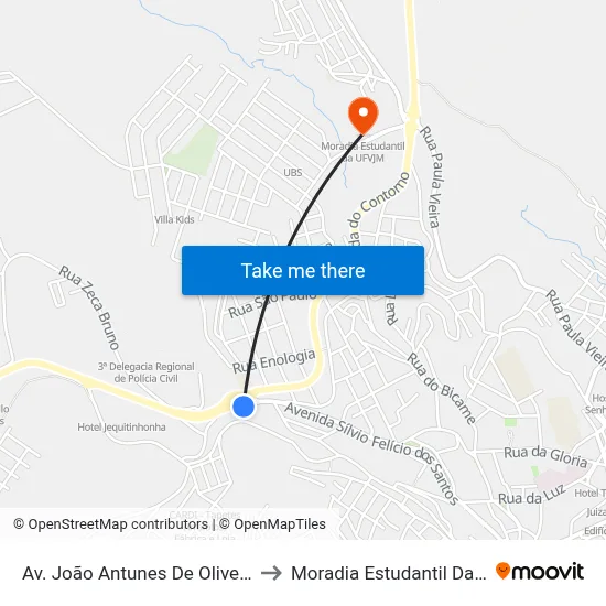 Av. João Antunes De Oliveira, 655 to Moradia Estudantil Da Ufvjm map