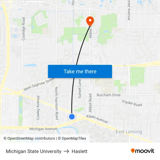 Michigan State University to Haslett map