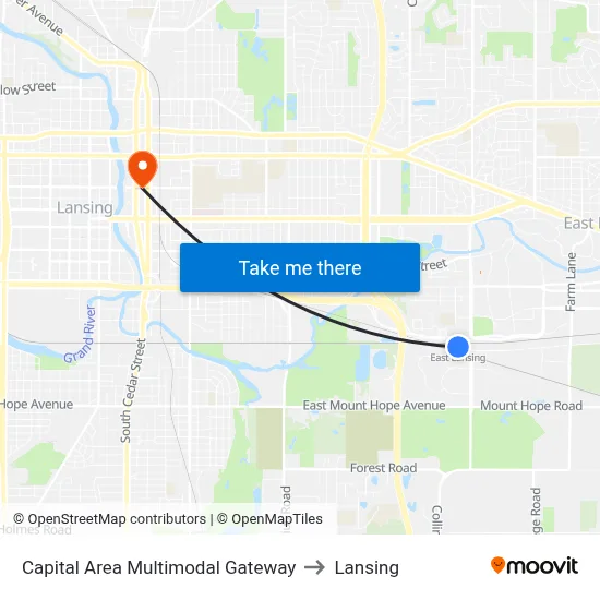 East Lansing Amtrak Station to Lansing map