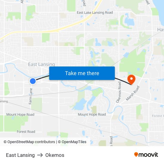 East Lansing to Okemos map