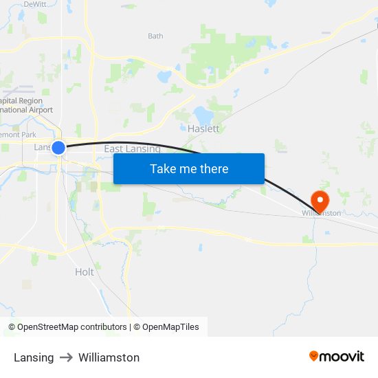 Lansing to Williamston map