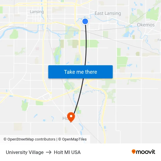 University Village to Holt MI USA map