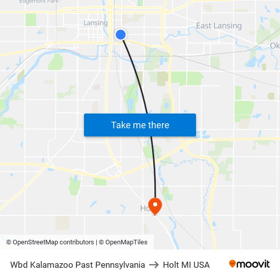 Wbd Kalamazoo Past Pennsylvania to Holt MI USA map