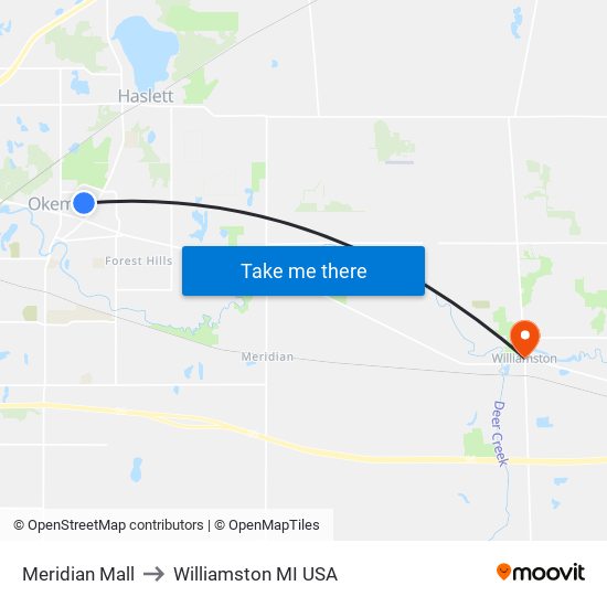 Meridian Mall to Williamston MI USA map