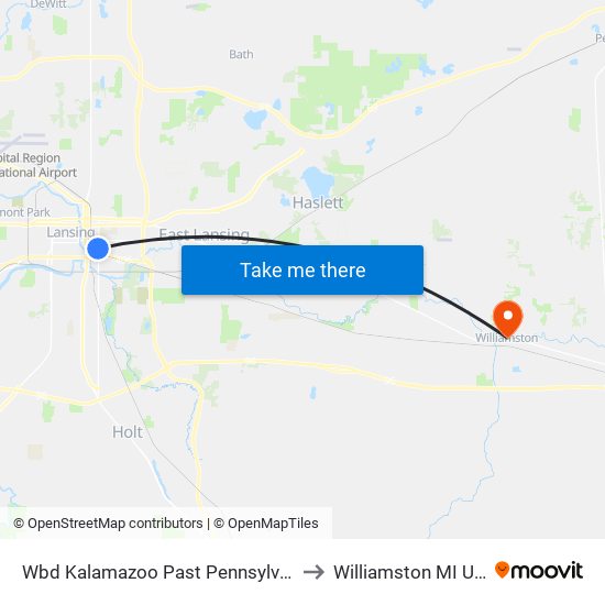 Wbd Kalamazoo Past Pennsylvania to Williamston MI USA map