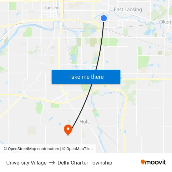University Village to Delhi Charter Township map