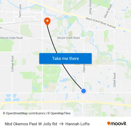 Nbd Okemos Past W Jolly Rd to Hannah Lofts map