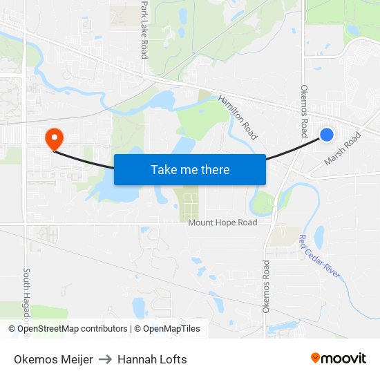 Okemos Meijer to Hannah Lofts map