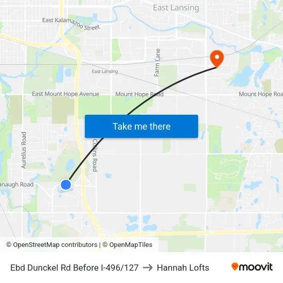 Ebd Dunckel Rd Before I-496/127 to Hannah Lofts map