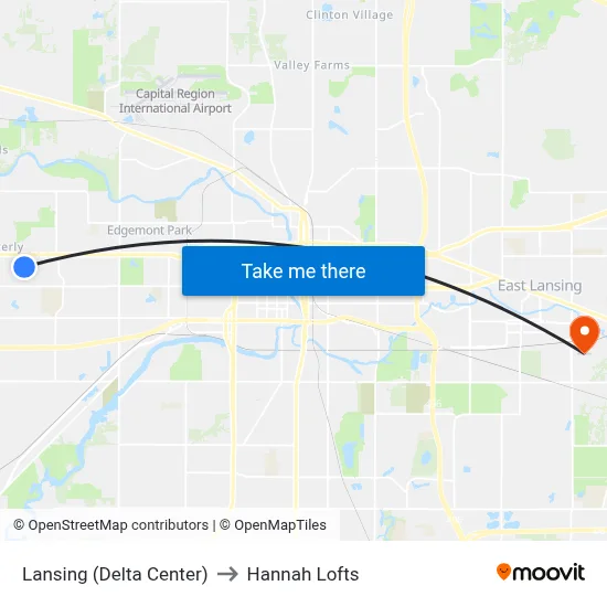 Lansing (Delta Center) to Hannah Lofts map
