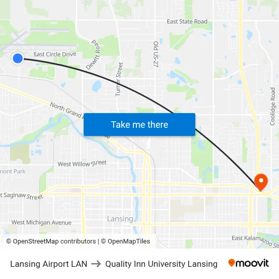 Lansing Airport LAN to Quality Inn University Lansing map