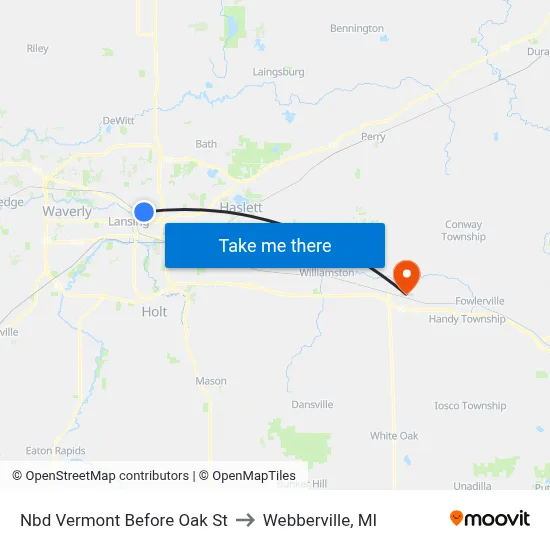 Nbd Vermont Before Oak St to Webberville, MI map