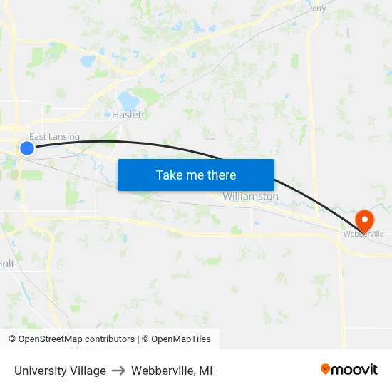 University Village to Webberville, MI map