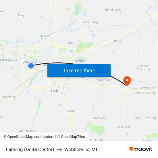 Lansing (Delta Center) to Webberville, MI map