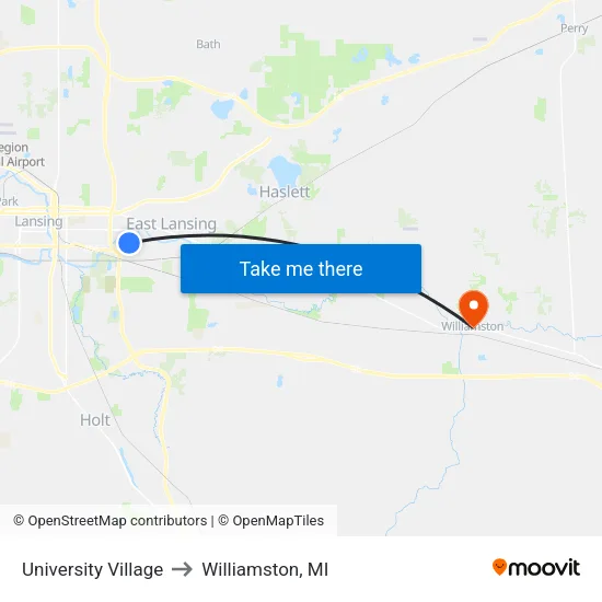 University Village to Williamston, MI map