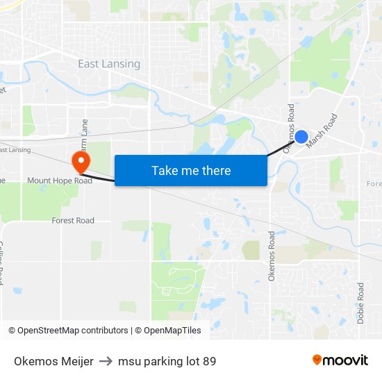 Okemos Meijer to msu parking lot 89 map