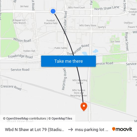 Wbd N Shaw at Lot 79 (Stadium) to msu parking lot 89 map