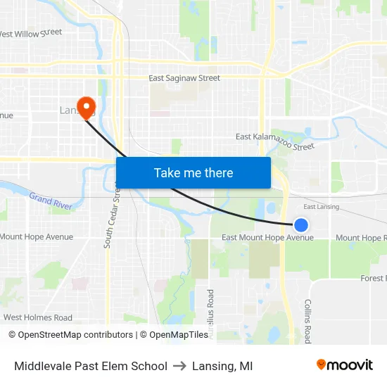 Middlevale Past Elem School to Lansing, MI map