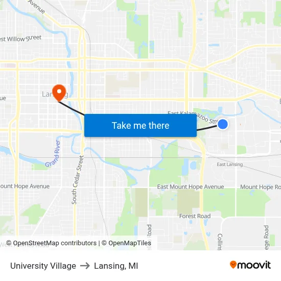 University Village to Lansing, MI map