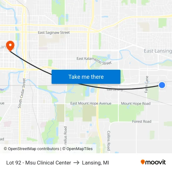Lot 92 - Msu Clinical Center to Lansing, MI map