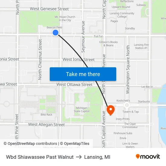 Wbd Shiawassee Past Walnut to Lansing, MI map