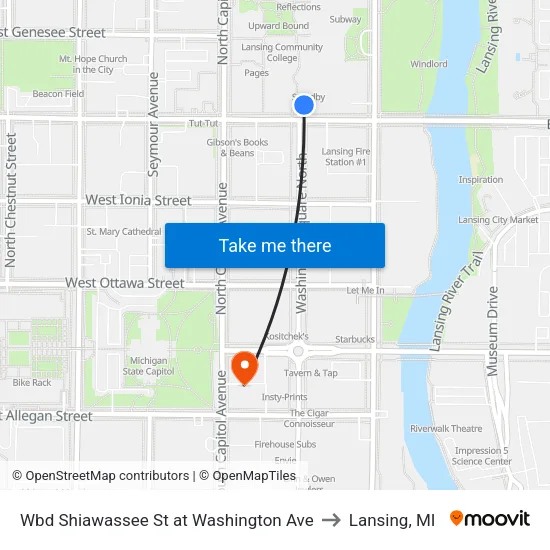 Wbd Shiawassee St at Washington Ave to Lansing, MI map