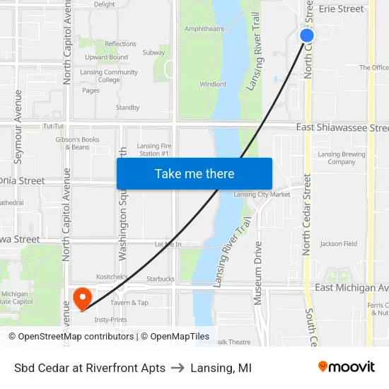 Sbd Cedar at Riverfront Apts to Lansing, MI map