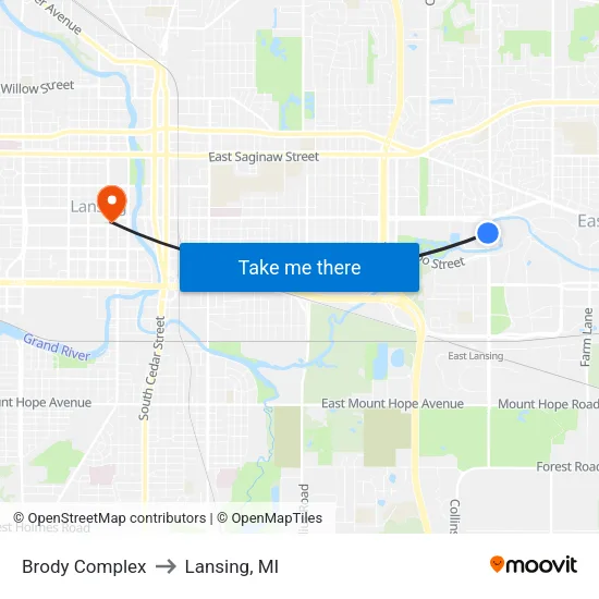Brody Complex to Lansing, MI map