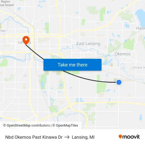 Nbd Okemos Past Kinawa Dr to Lansing, MI map