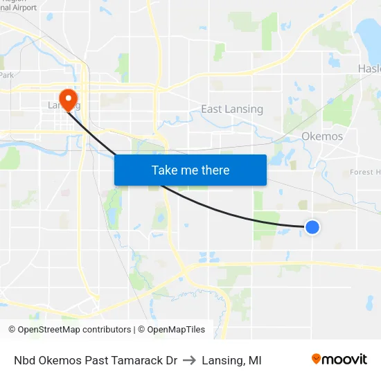 Nbd Okemos Past Tamarack Dr to Lansing, MI map