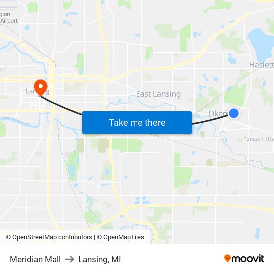 Meridian Mall to Lansing, MI map