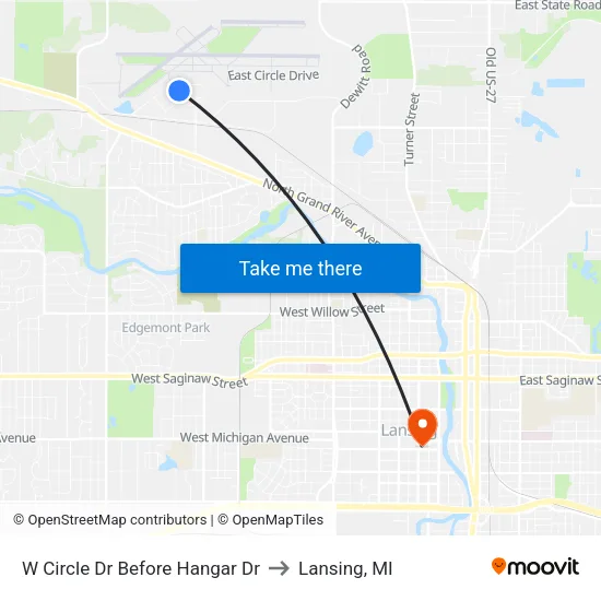 W Circle Dr Before Hangar Dr to Lansing, MI map